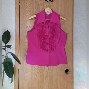 Cache Y2k Roll Collar Blouse Vest Fuchsia Sleeveless Ruffled Vibrant